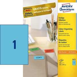 Etiketten Inkjet+Laser+Kopier 210x297mm auf A4 Bögen blau Zweckform 3471 (PACK=100 STÜCK) Produktbild