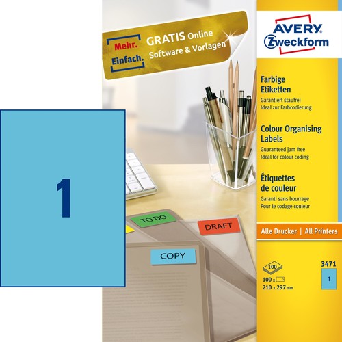 Etiketten Inkjet+Laser+Kopier 210x297mm auf A4 Bögen blau Zweckform 3471 (PACK=100 STÜCK) Produktbild