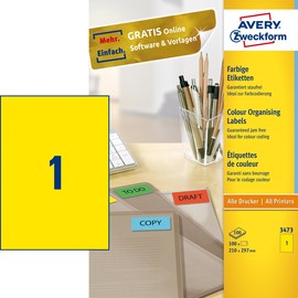 Etiketten Inkjet+Laser+Kopier 210x297mm auf A4 Bögen gelb Zweckform 3473 (PACK=100 STÜCK) Produktbild