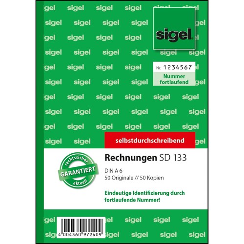 Rechnungsbuch A6 hoch 2x50Blatt mit fortlaufender Nummerierung selbstdurchschreibend Sigel SD133 Produktbild
