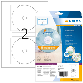 CD-Etiketten Inkjet+Laser+Kopier 116mm ø Maxi auf A4 Bögen weiß permanent Herma 5115 (PACK=50 STÜCK) Produktbild