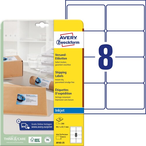 Adress-Etiketten Inkjet 99,1x67,7mm auf A4 Bögen weiß schnelltrocknend Zweckform J8165-25 (PACK=200 STÜCK) Produktbild