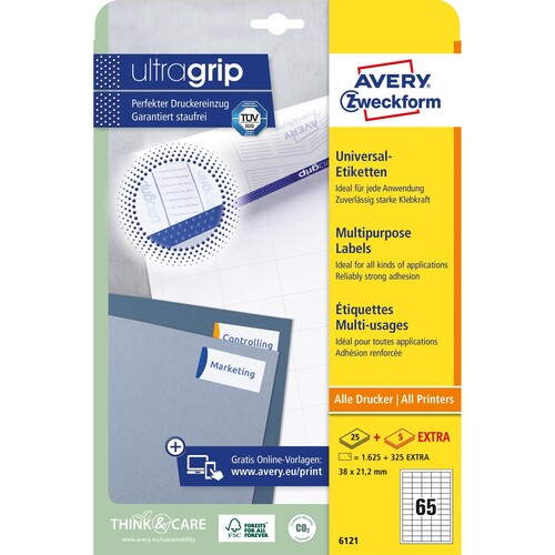Etiketten Inkjet+Laser+Kopier 38x21,2mm auf A4 Bögen weiß permanent Zweckform 6121 (PACK=1950 STÜCK) Produktbild Additional View 1 L