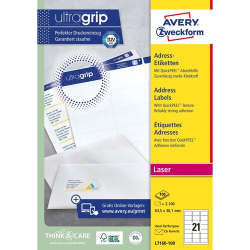 Adress-Etiketten Laser+Kopier 63,5x38,1mm auf A4 Bögen weiß Zweckform L7160-100 (PACK=2100 STÜCK) Produktbild Additional View 1 L