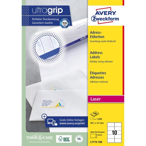 Adress-Etiketten Laser+Kopier 99,1x57mm auf A4 Bögen weiß Zweckform L7173-100 (PACK=1000 STÜCK) Produktbild Additional View 1 L