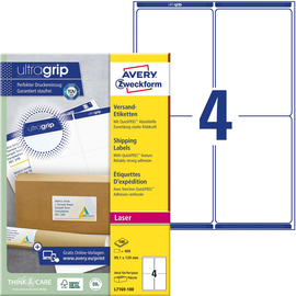 Versand-Etiketten Laser blickdicht 99,1x139mm auf A4 Bögen weiß Papier Zweckform L7169-100 (PACK=400 STÜCK) Produktbild