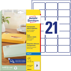 Adress-Etiketten Inkjet 63,5x38,1mm auf A4 Bögen transparent Zweckform J8560-25 (PACK=525 STÜCK) Produktbild