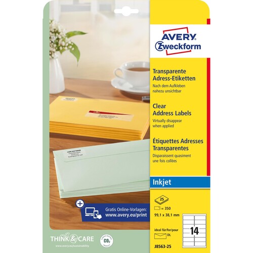 Adress-Etiketten Inkjet 99,1x38,1mm auf A4 Bögen transparent Zweckform J8563-25 (PACK=350 STÜCK) Produktbild Additional View 1 L