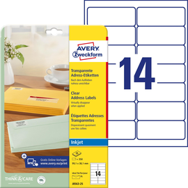 Adress-Etiketten Inkjet 99,1x38,1mm auf A4 Bögen transparent Zweckform J8563-25 (PACK=350 STÜCK) Produktbild