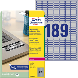 Typenschild-Etiketten Laser+Kopier 25,4x10mm auf A4 Bögen silber Polyester Zweckform L6008-20 (PACK=3780 STÜCK) Produktbild