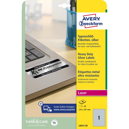 Typenschild-Etiketten Laser+Kopier 210x297mm auf A4 Bögen silber Polyester Zweckform L6013-20 (PACK=20 STÜCK) Produktbild Additional View 1 L