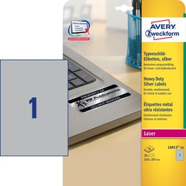 Typenschild-Etiketten Laser+Kopier 210x297mm auf A4 Bögen silber Polyester Zweckform L6013-20 (PACK=20 STÜCK) Produktbild
