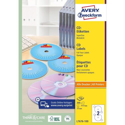 CD-Etiketten Inkjet+Laser+Kopier 117mm ø auf A4 Bögen weiß Zweckform L7676-100 (PACK=200 STÜCK) Produktbild Additional View 1 L