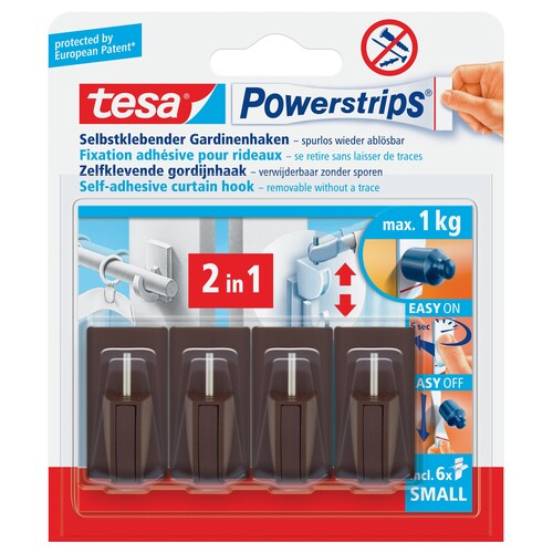 Powerstrips Gardinen-Haken bis 1000g Haftkraft braun Tesa 58047-00000-01 (PACK=4 STÜCK) Produktbild Front View L