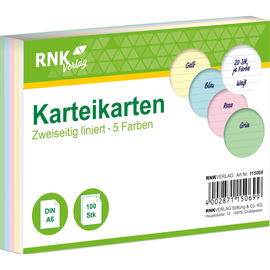 Karteikarten A6 liniert farbig sortiert holzfrei RNK 11506 (PACK=100 STÜCK) Produktbild