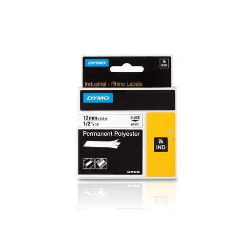 Schriftband IND Rhino 12mm/5,5m schwarz auf weiß Polyester Dymo 18483 (ST=5,5 METER) Produktbild Front View L