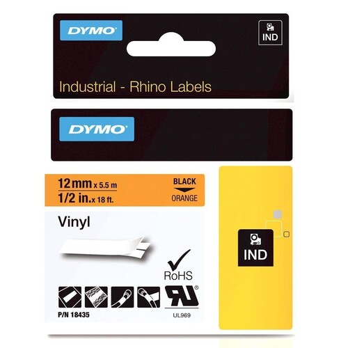 Schriftband IND Rhino 12mm/5,5m schwarz auf orange Vinyl Dymo 18435 (ST=5,5 METER) Produktbild Front View L