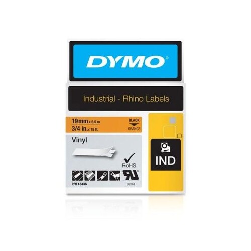 Schriftband IND Rhino 19mm/5,5m schwarz auf orange Vinyl Dymo 18436 (ST=5,5 METER) Produktbild Front View L