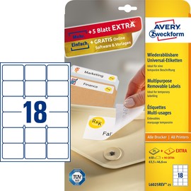 Etiketten Inkjet+Laser+Kopier 63,5x46,6mm auf A4 Bögen weiß wiederablösbar Zweckform L6025REV-25 (PACK=540 STÜCK) Produktbild