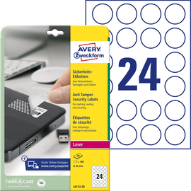 Sicherheits-Etiketten Laser+Kopier 40mm ø auf A4 Bögen weiß Polyester Zweckform L6112-20 (PACK=480 STÜCK) Produktbild