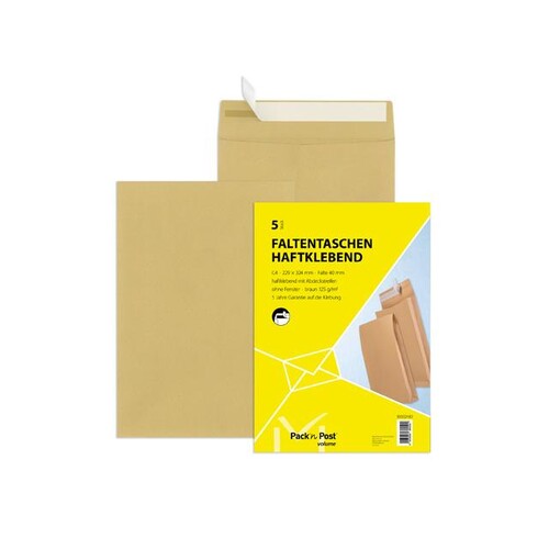Faltentasche ohne Fenster C4 229x324x40mm mit Haftklebung 130g braun Recycling Klotzboden (PACK=5 STÜCK) Produktbild Front View L