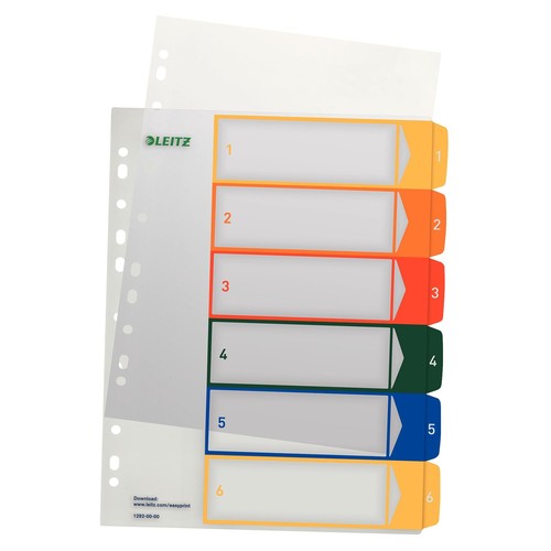 Register bedruckbar A4 245x305mm Zahlen 1-6 mehrfarbig Plastik Leitz 1292-00-00 Produktbild Front View L