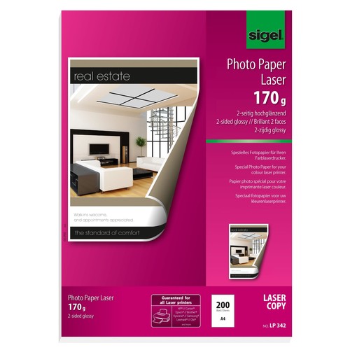 Fotopapier Laser+Kopier A4 170g hochweiß beidseitig glossy Sigel LP342 (PACK=200 BLATT) Produktbild Front View L