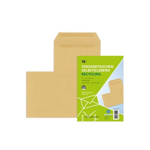 Versandtasche ohne Fenster C5 162x229mm selbstklebend 90g braun Natron Recyclingmaterial (PACK=10 STÜCK) Produktbild Front View L