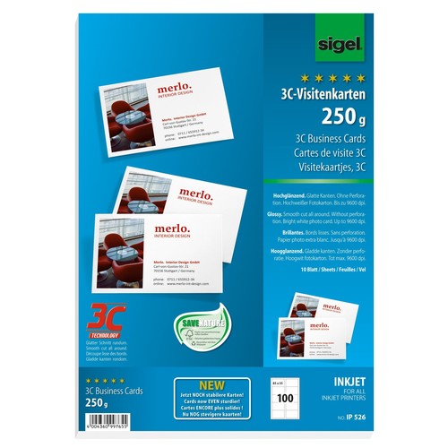 Visitenkarten Inkjet 85x55mm 250g Weiss Hochglanzend Glatte Kanten Sigel Ip526 Pack 100 Stuck Kaufen Visitenkarten Bei Liebl De