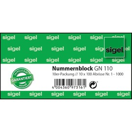 Garderobennummernblock 1-1000 105x50mm verschiedene Farben Papier Sigel GN110 (PACK = 10 BLÖCKE) Produktbild