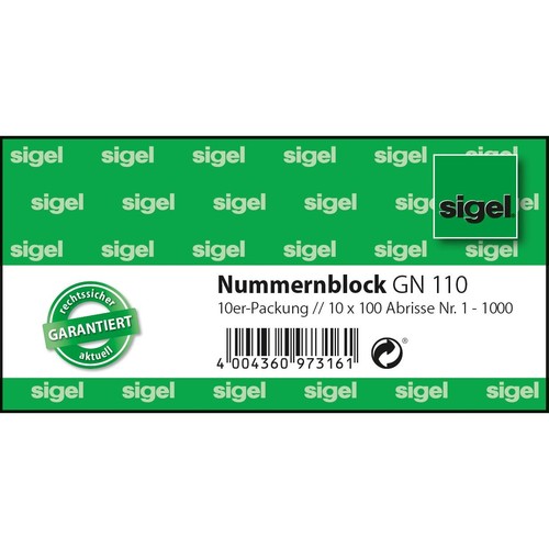 Garderobennummernblock 1-1000 105x50mm verschiedene Farben Papier Sigel GN110 (PACK = 10 BLÖCKE) Produktbild