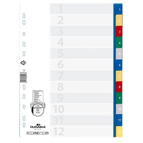 Register A4 230x297mm Zahlen 1-12 mehrfarbig Plastik Durable 6750-27 Produktbild Additional View 1 L