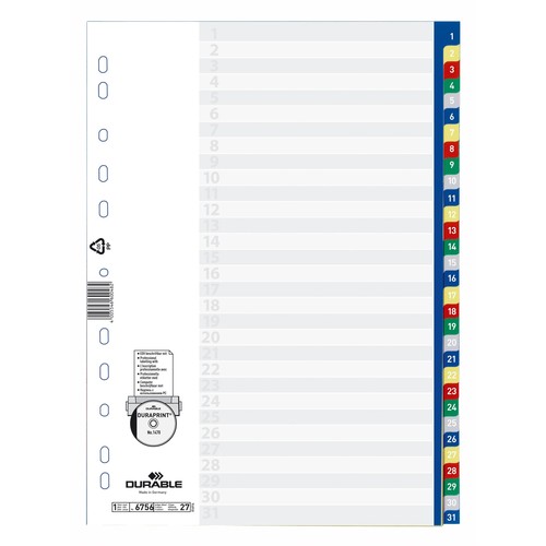 Register A4 230x297mm Zahlen 1-31 mehrfarbig Plastik Durable 6756-27 Produktbild Additional View 1 L