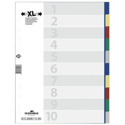 Register Blanko A4 überbreit 245x297mm 10-teilig mehrfarbig Plastik Durable 6747-27 Produktbild Front View L