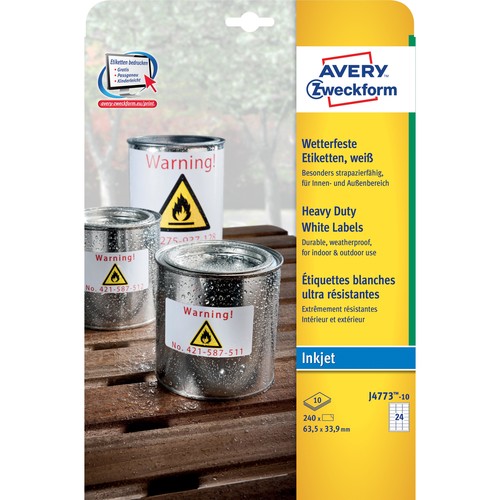 Folien-Etiketten Inkjet 63,5x33,9mm auf A4 Bögen wetterfest+strapazierfähig+ permanent weiß Zweckform J4773-10 (PACK=240 STÜCK) Produktbild Additional View 1 L