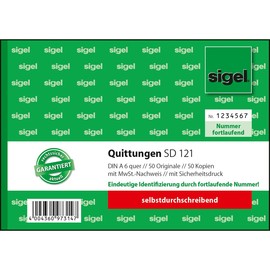 Quittungsblock A6 quer 2x50Blatt mit fortlaufender Nummerierung selbstdurchschreibend Sigel SD121 Produktbild