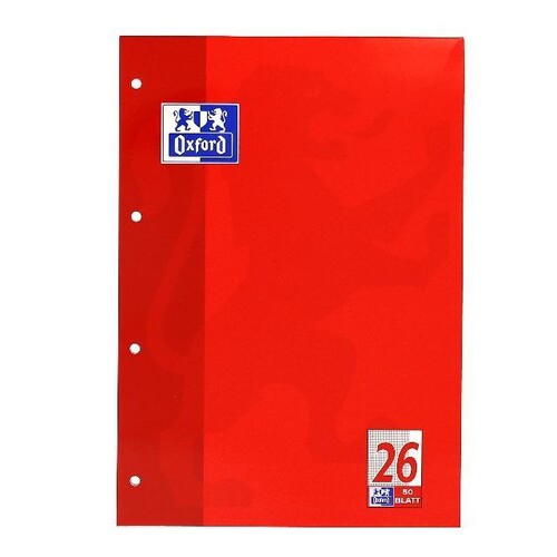 Schulblock 4-fach Lochung Oxford Rand rechts A4 Lin.26 kariert 50Blatt 90g Optik Paper weiß 100050351 Produktbild Front View L