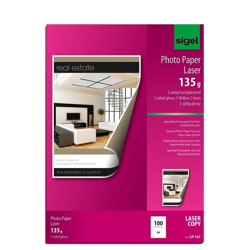 Fotopapier Laser+Kopier A4 135g hochweiß beidseitig glossy Sigel LP141 (PACK=100 BLATT) Produktbild