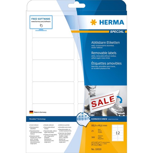 Etiketten Inkjet+Laser+Kopier 88,9x46,6mm auf A4 Bögen Movables weiß wiederablösbar Herma 10010 (PACK=300 STÜCK) Produktbild Additional View 1 L