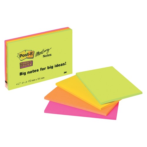 Haftnotizen Post-it Super Sticky Meeting Notes 152x101mm neonfarben 3M 6445-4SS (PACK=4x 45 BLATT) Produktbild