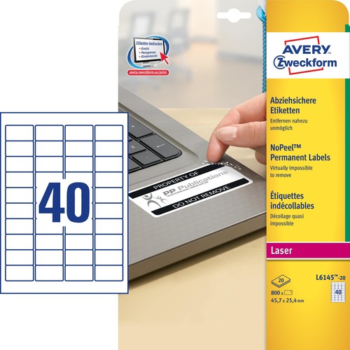 Etiketten Laser 45,7x25,4mm auf A4 Bögen weiß abziehsicher Zweckform L6145-20 (PACK=800 STÜCK) Produktbild