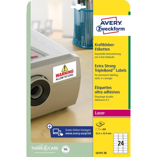 Kraftkleber-Etiketten Laser 63,5x33,9mm auf A4 Bögen weiß Zweckform L6141-20 (PACK=480 STÜCK) Produktbild Additional View 1 L