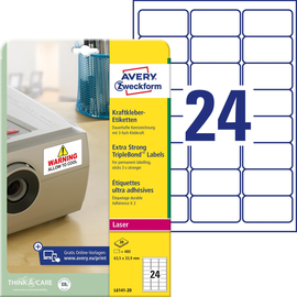 Kraftkleber-Etiketten Laser 63,5x33,9mm auf A4 Bögen weiß Zweckform L6141-20 (PACK=480 STÜCK) Produktbild