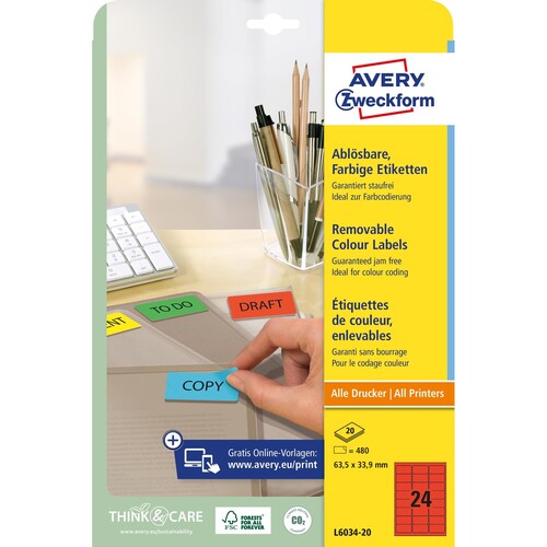 Etiketten Inkjet+Laser+Kopier 63,5x33,9mm auf A4 Bögen rot wiederablösbar Zweckform L6034-20 (PACK=480 STÜCK) Produktbild Additional View 1 L