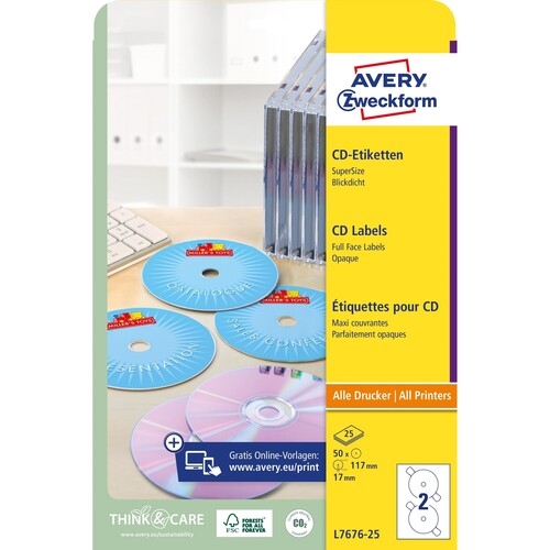 CD-Etiketten Inkjet+Laser+Kopier 117mm ø auf A4 Bögen weiß Zweckform L7676-25 (PACK=50 STÜCK) Produktbild Additional View 1 L