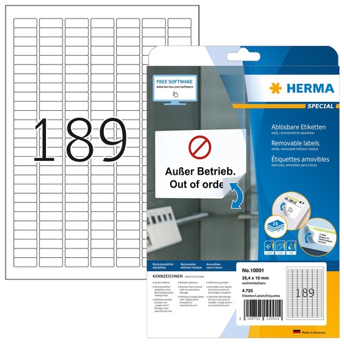 Etiketten Inkjet+Laser+Kopier 25,4x10mm auf A4 Bögen Movables weiß wiederablösbar Herma 10001 (PACK=4725 STÜCK) Produktbild