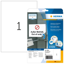 Etiketten Inkjet+Laser+Kopier 210x297mm auf A4 Bögen Movables weiß wiederablösbar Herma 10021 (PACK=25 STÜCK) Produktbild