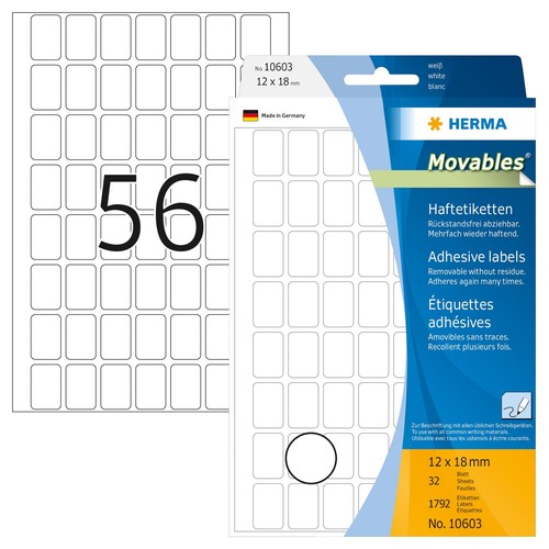 Etiketten Movables für Handbeschriftung 12x18mm weiß Herma 10603 (PACK=1792 STÜCK) Produktbild Front View L