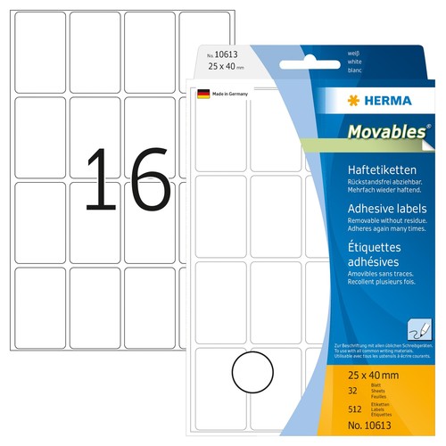 Etiketten Movables für Handbeschriftung 25x40mm weiß Herma 10613 (PACK=512 STÜCK) Produktbild Front View L