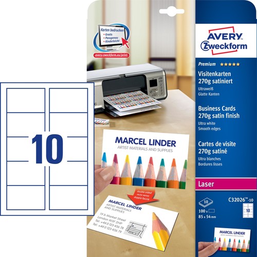 Visitenkarten Laser+Kopier 85x54mm auf A4 Bögen 270g weiß beidseitig bedruckbar Zweckform C32026-10 (PACK=100 STÜCK) Produktbild